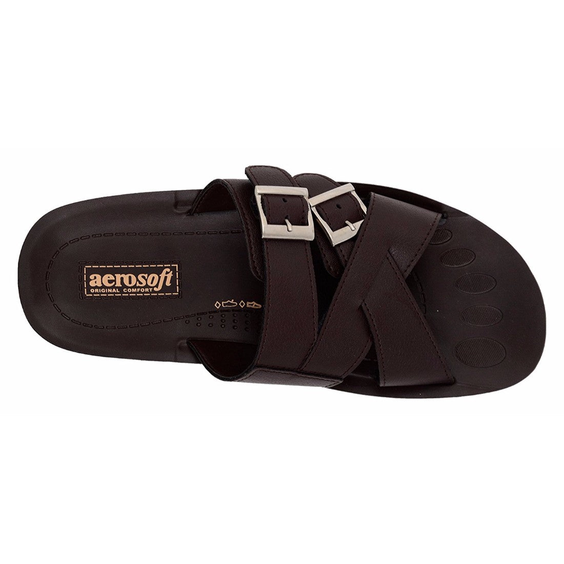 Aerosoft Men's Brown Adjustable Double-Strap Slide Sandals (MA9014) - Comfortable Leather Slides with Silver H-Buckle and Breathable Insole!