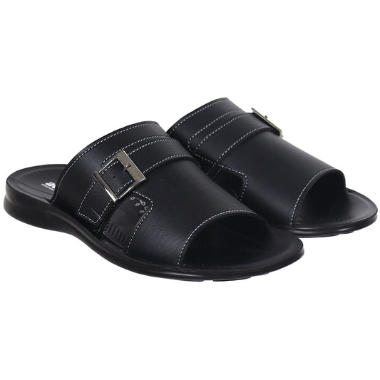 Aerosoft Men's Black Buckle Slide Sandals (MP0215) - Comfortable Leather Slides with Silver Buckle and Arch Support!