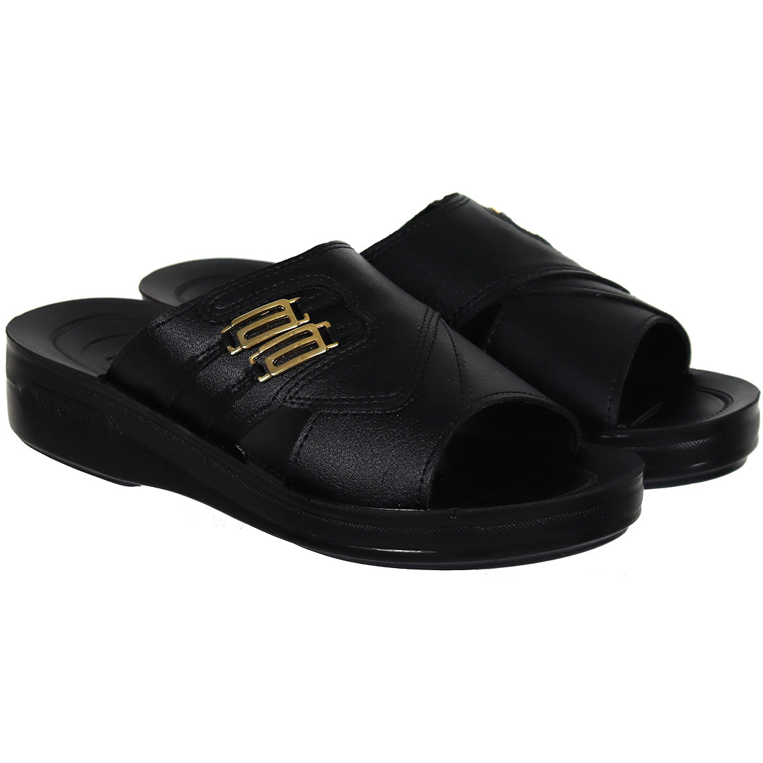 Aerosoft Men's Black Cross-Strap Gold Buckle Slide Sandals (MA5804) - Luxurious Leather Sandals with Arch Support and Breathable Insole!