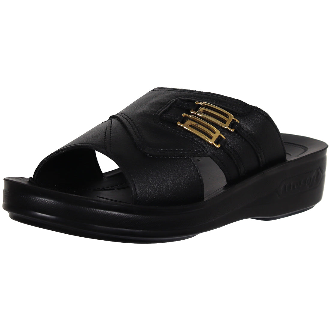 Aerosoft Men's Black Cross-Strap Gold Buckle Slide Sandals (MA5804) - Luxurious Leather Sandals with Arch Support and Breathable Insole!