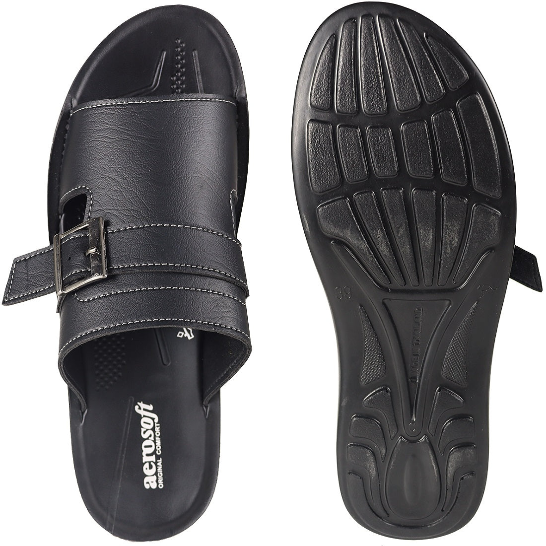 Aerosoft Men's Black Buckle Slide Sandals (MP0215) - Comfortable Leather Slides with Silver Buckle and Arch Support!