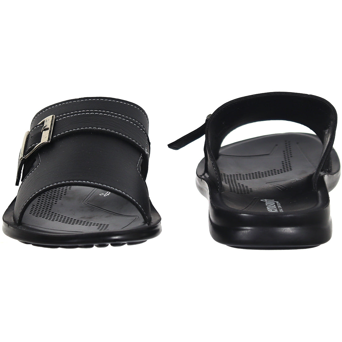 Aerosoft Men's Black Buckle Slide Sandals (MP0215) - Comfortable Leather Slides with Silver Buckle and Arch Support!