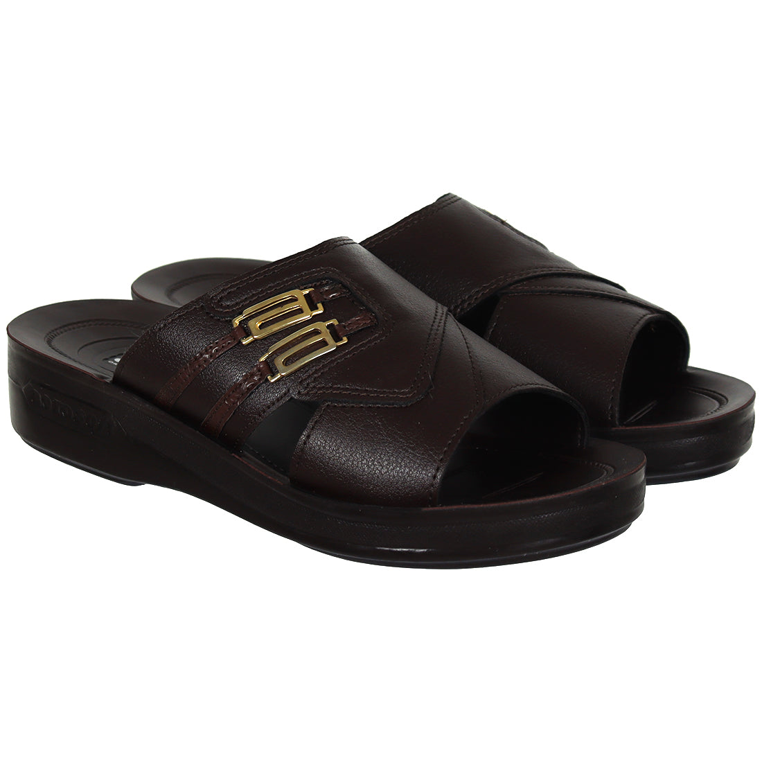 Aerosoft Men's Brown Cross-Strap Gold Buckle Slide Sandals (MA5804) - Luxurious Leather Sandals with Arch Support and Breathable Insole!