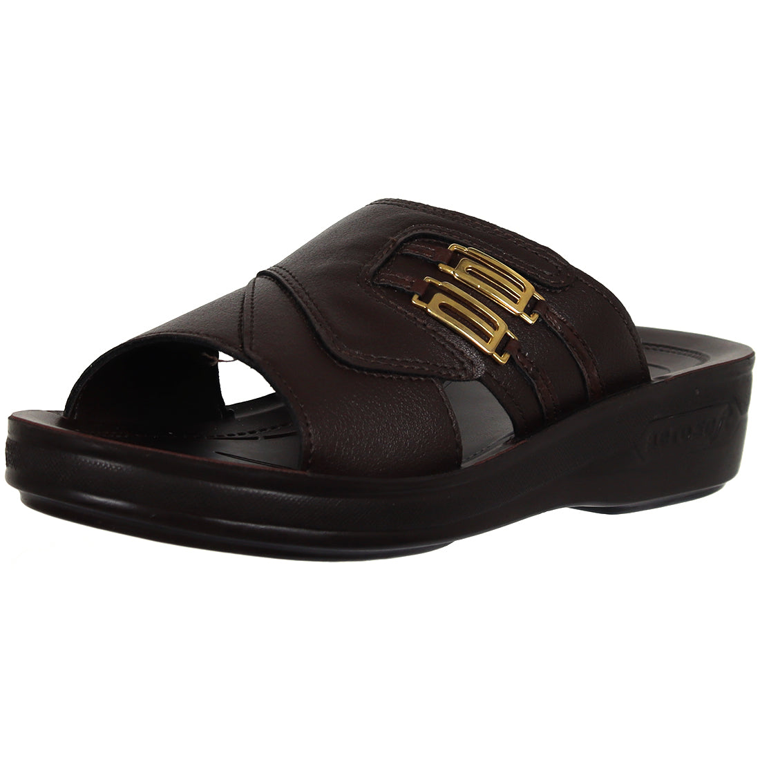 Aerosoft Men's Brown Cross-Strap Gold Buckle Slide Sandals (MA5804) - Luxurious Leather Sandals with Arch Support and Breathable Insole!