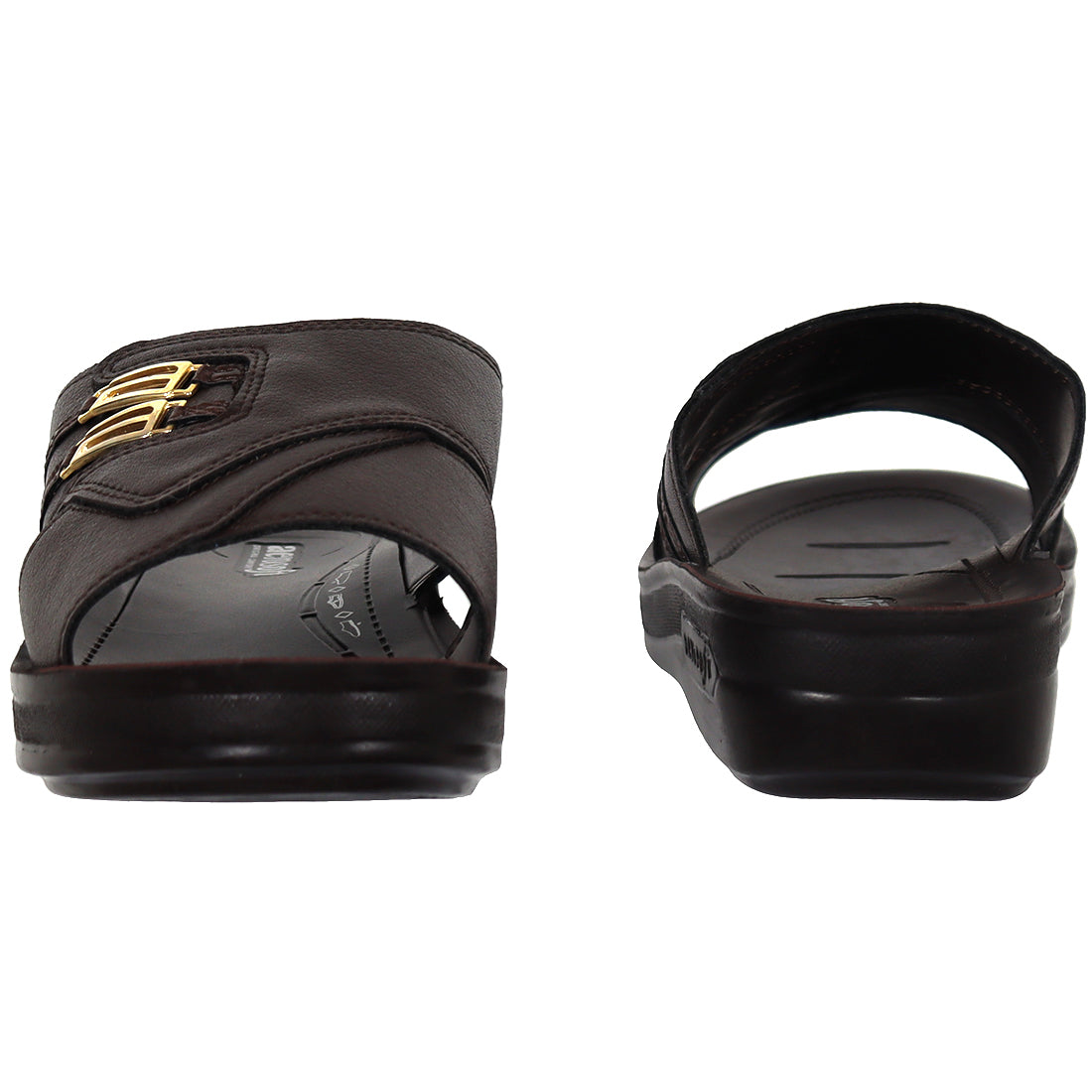 Aerosoft Men's Brown Cross-Strap Gold Buckle Slide Sandals (MA5804) - Luxurious Leather Sandals with Arch Support and Breathable Insole!