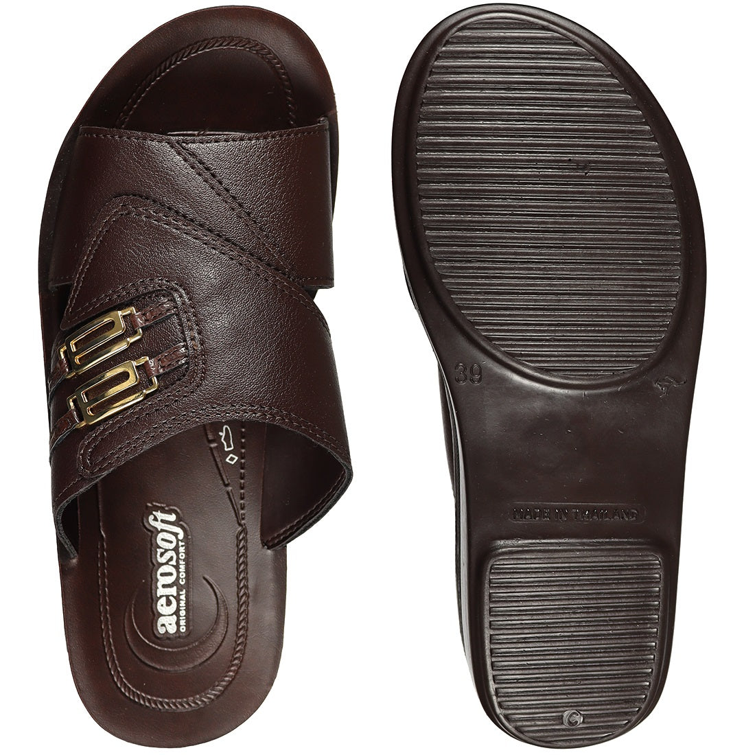 Aerosoft Men's Brown Cross-Strap Gold Buckle Slide Sandals (MA5804) - Luxurious Leather Sandals with Arch Support and Breathable Insole!