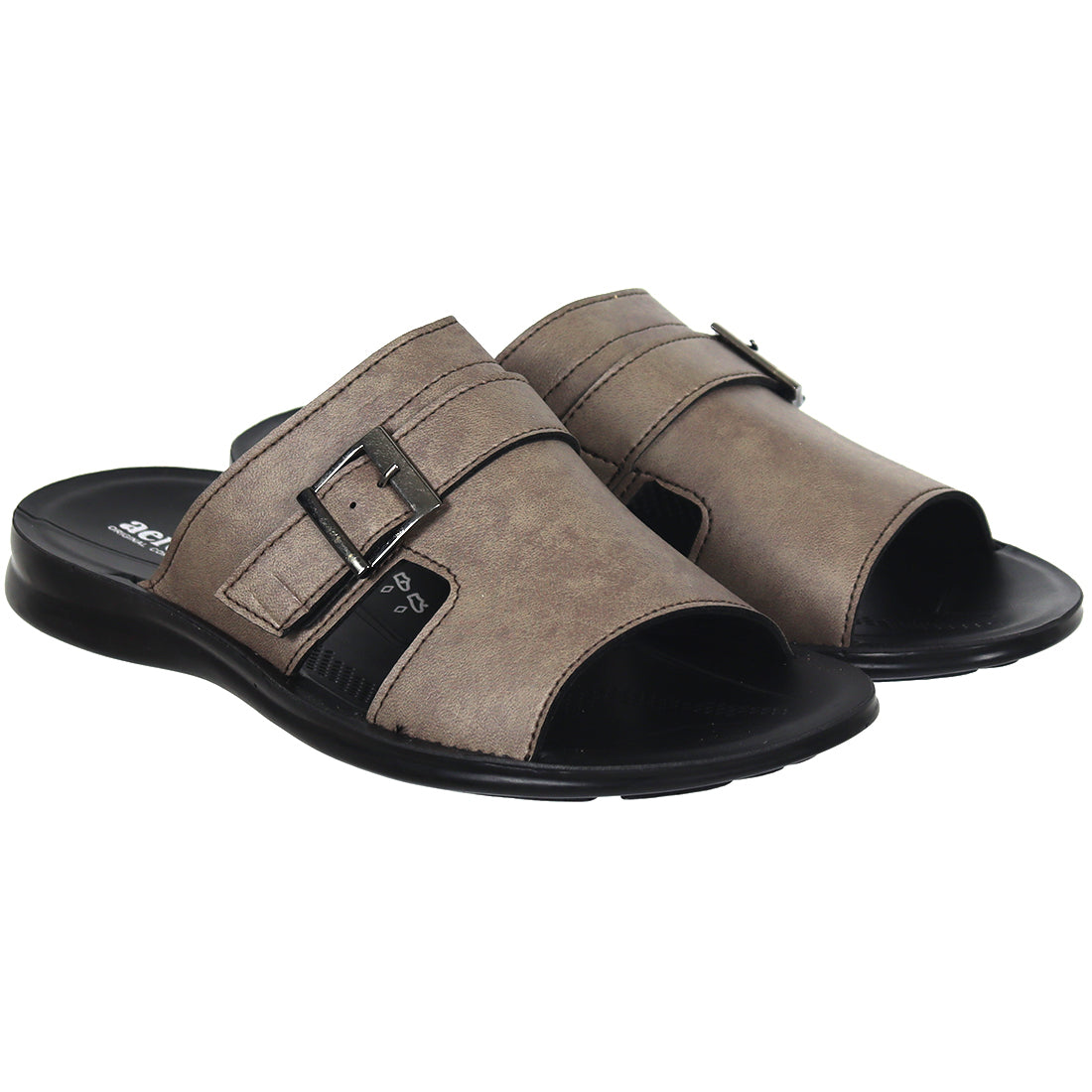 Aerosoft Men's Caramel Buckle Slide Sandals (MP0215) - Comfortable Leather Slides with Silver Buckle and Arch Support!