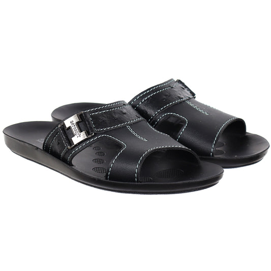 Aerosoft Men's Black Ostrich Print and Buckle Slide Sandals (MA9020) - Comfortable Leather Slides with Blue Stitching and Arch Support!