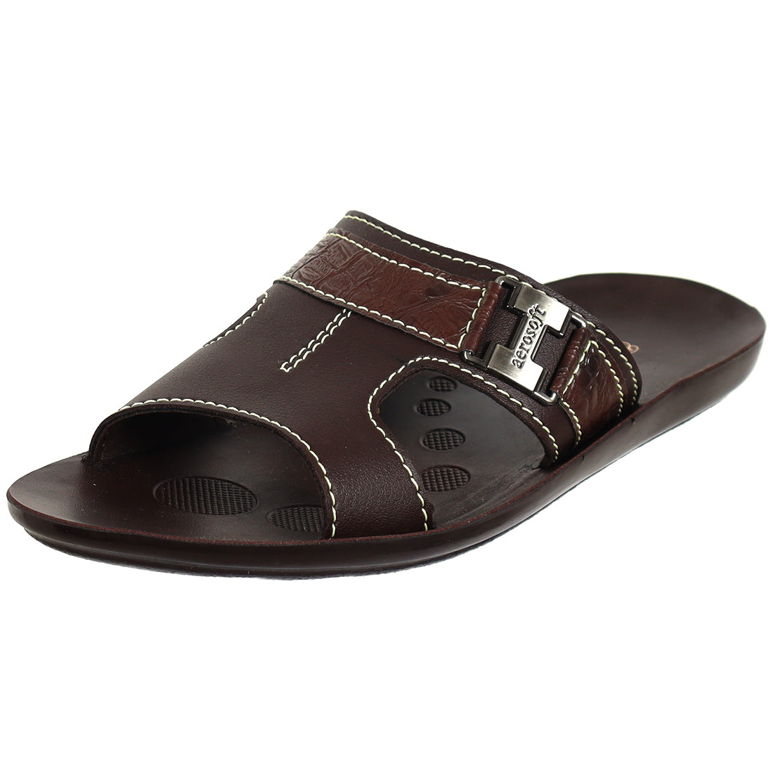 Aerosoft Men's Brown Ostrich Print and Buckle Slide Sandals (MA9020) - Comfortable Leather Slides with Blue Stitching and Arch Support!