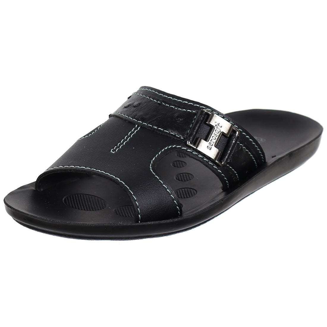 Aerosoft Men's Black Ostrich Print and Buckle Slide Sandals (MA9020) - Comfortable Leather Slides with Blue Stitching and Arch Support!