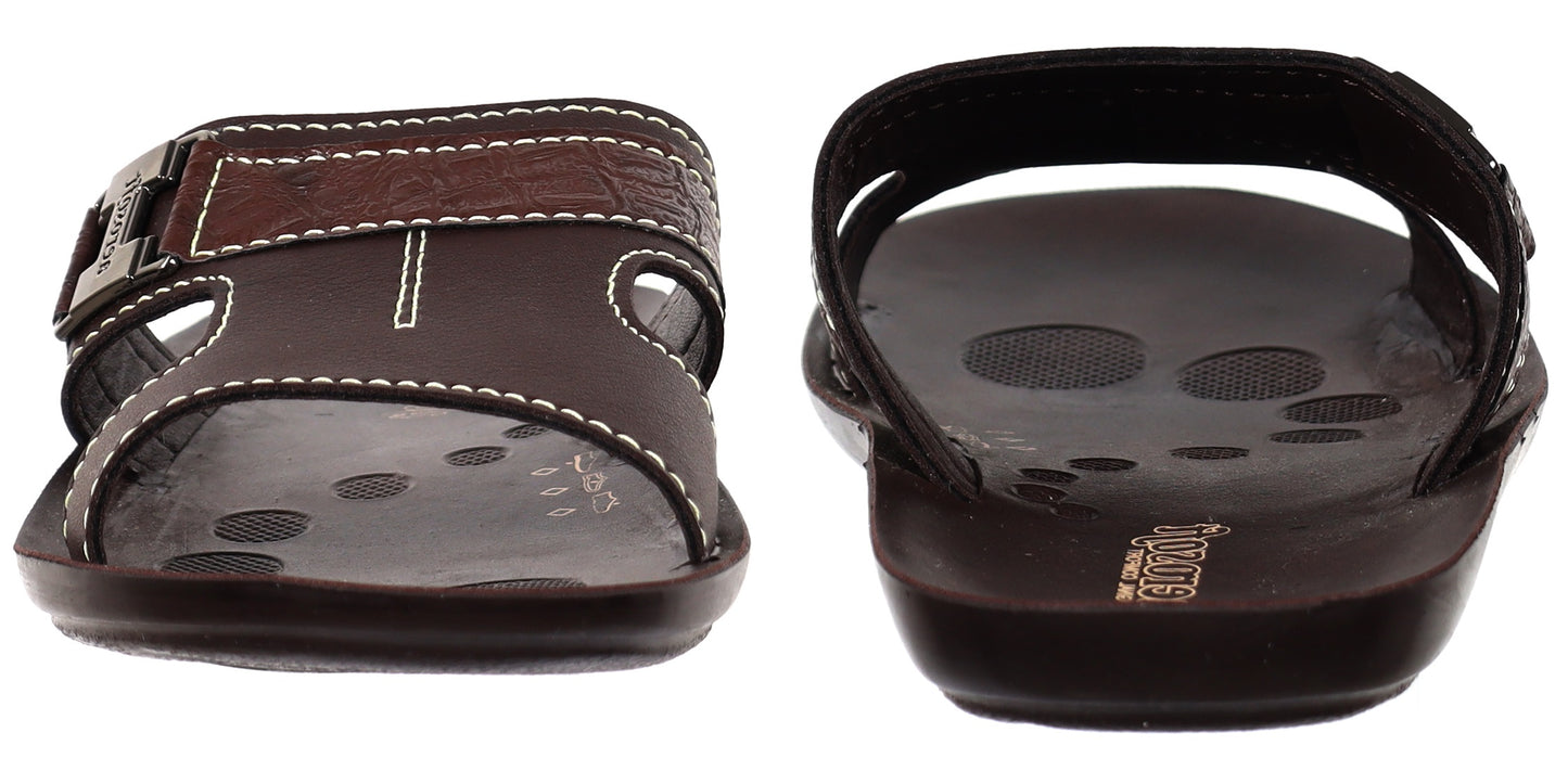 Aerosoft Men's Brown Ostrich Print and Buckle Slide Sandals (MA9020) - Comfortable Leather Slides with Blue Stitching and Arch Support!