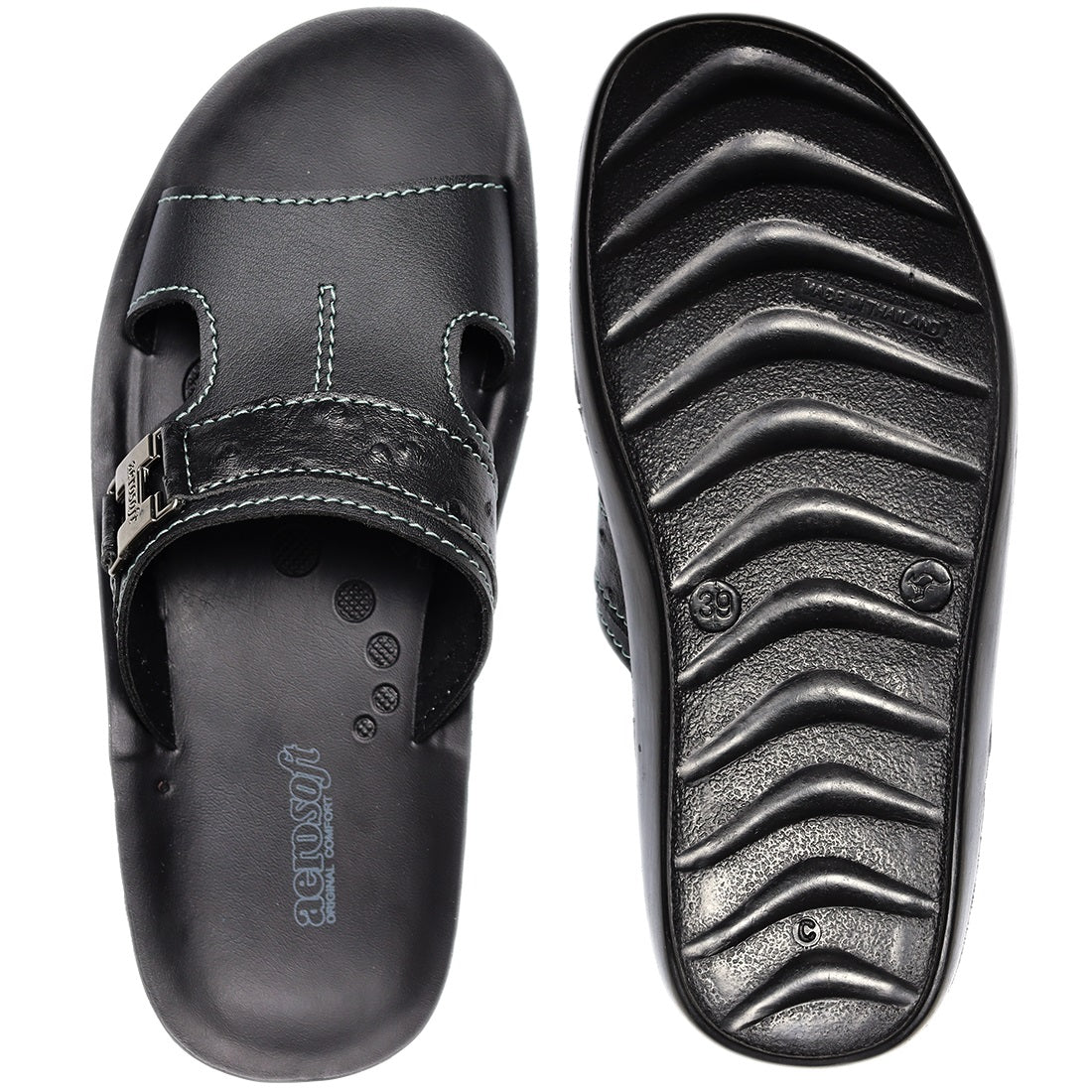 Aerosoft Men's Black Ostrich Print and Buckle Slide Sandals (MA9020) - Comfortable Leather Slides with Blue Stitching and Arch Support!