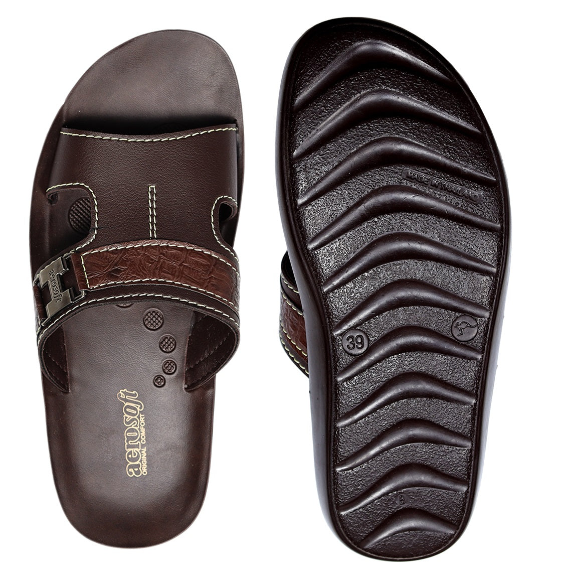Aerosoft Men's Brown Ostrich Print and Buckle Slide Sandals (MA9020) - Comfortable Leather Slides with Blue Stitching and Arch Support!