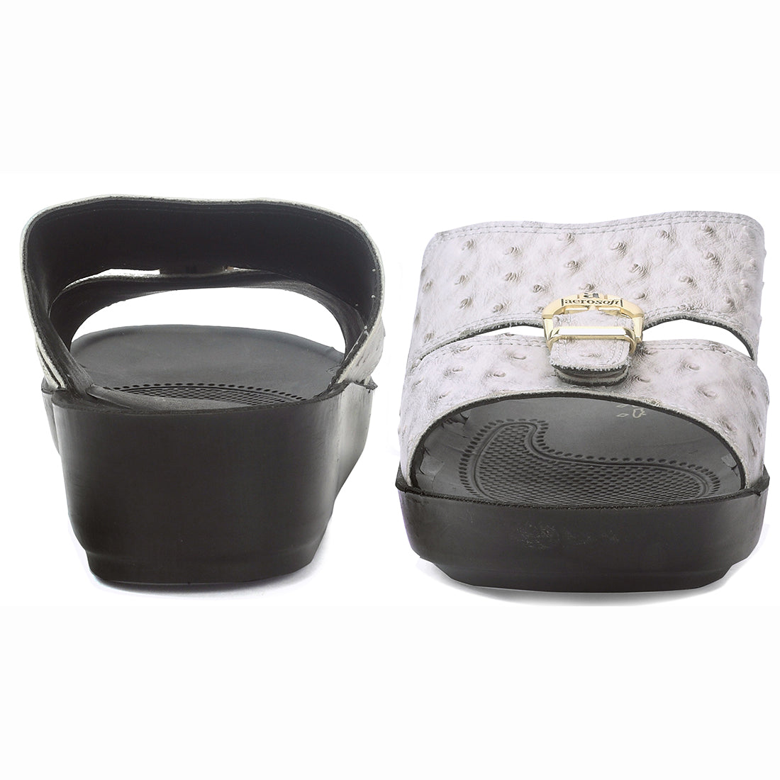 Aerosoft Men's White-Black Ostrich Print Buckle Slide Sandals (MA8361) - Luxurious Comfort Sandals with Arch Support and Gold Accents!