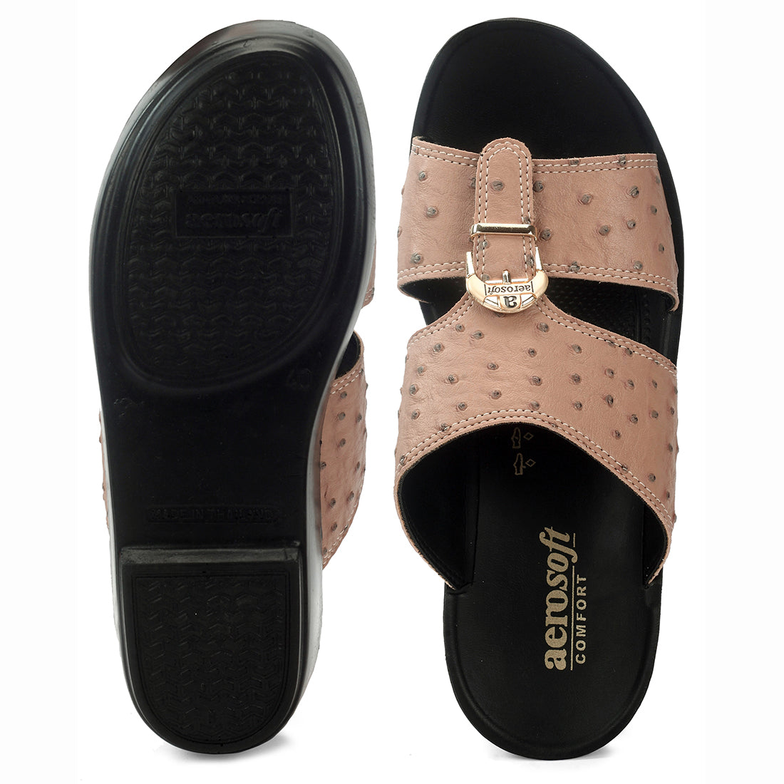 Aerosoft Men's Tan-Black Ostrich Print Buckle Slide Sandals (MA8361) - Luxurious Comfort Sandals with Arch Support and Gold Accents!