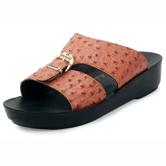 Aerosoft Men's Brown-Black Ostrich Print Buckle Slide Sandals (MA8361) - Luxurious Comfort Sandals with Arch Support and Gold Accents!