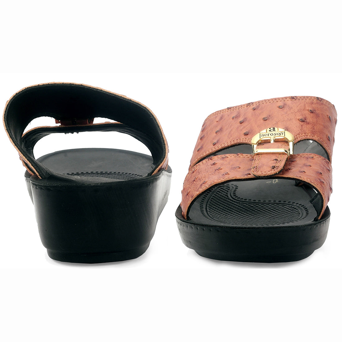 Aerosoft Men's Brown-Black Ostrich Print Buckle Slide Sandals (MA8361) - Luxurious Comfort Sandals with Arch Support and Gold Accents!