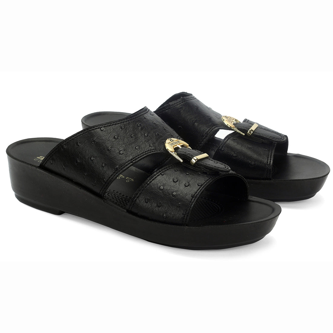 Aerosoft Men's Black Ostrich Print Buckle Slide Sandals (MA8361) - Luxurious Comfort Sandals with Arch Support and Gold Accents!