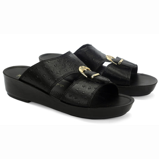 Aerosoft Men's Black Ostrich Print Buckle Slide Sandals (MA8361) - Luxurious Comfort Sandals with Arch Support and Gold Accents!