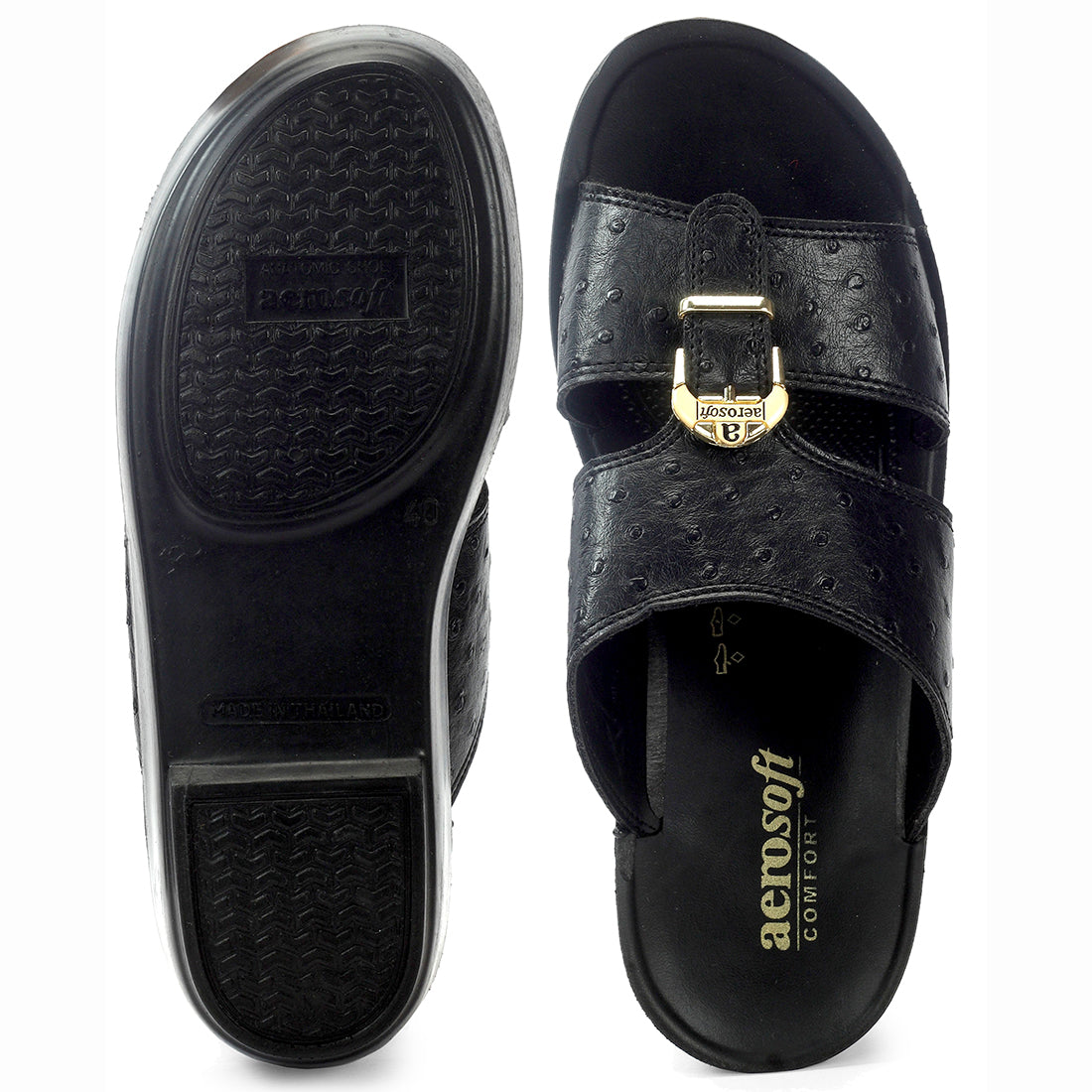 Aerosoft Men's Black Ostrich Print Buckle Slide Sandals (MA8361) - Luxurious Comfort Sandals with Arch Support and Gold Accents!