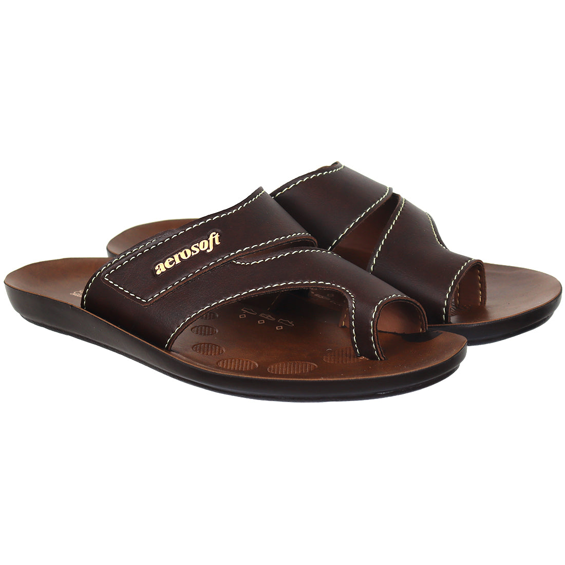 Aerosoft Men's Tan Double Strap Thong Sandals (MA9036) - Comfortable Leather Flip Flops with Breathable Insole and Arch Support!
