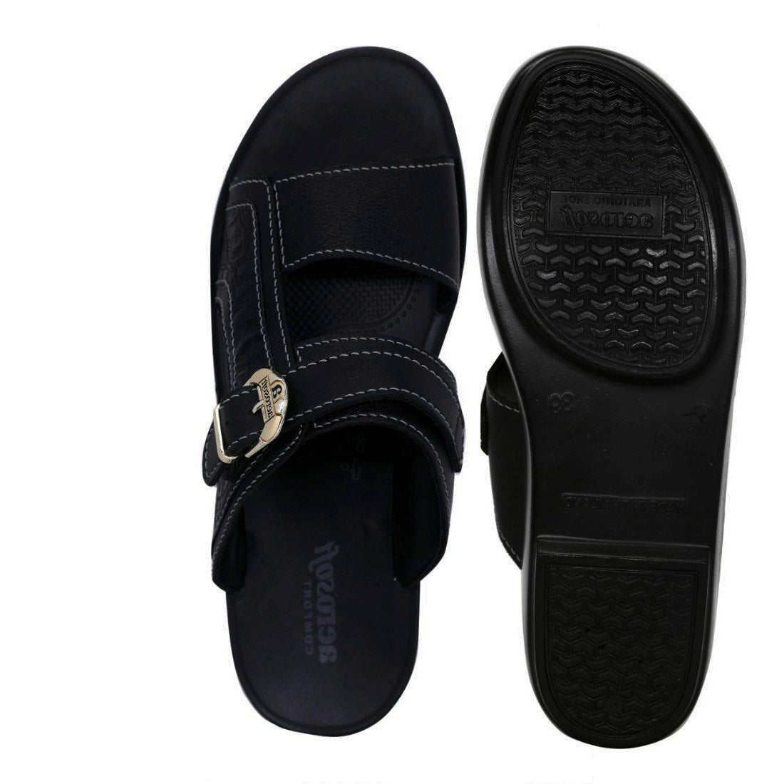 Aerosoft Men's Black Adjustable Buckle Slide Sandals (MA8338) - Luxurious Leather Sandals with Gold Accents and Arch Support