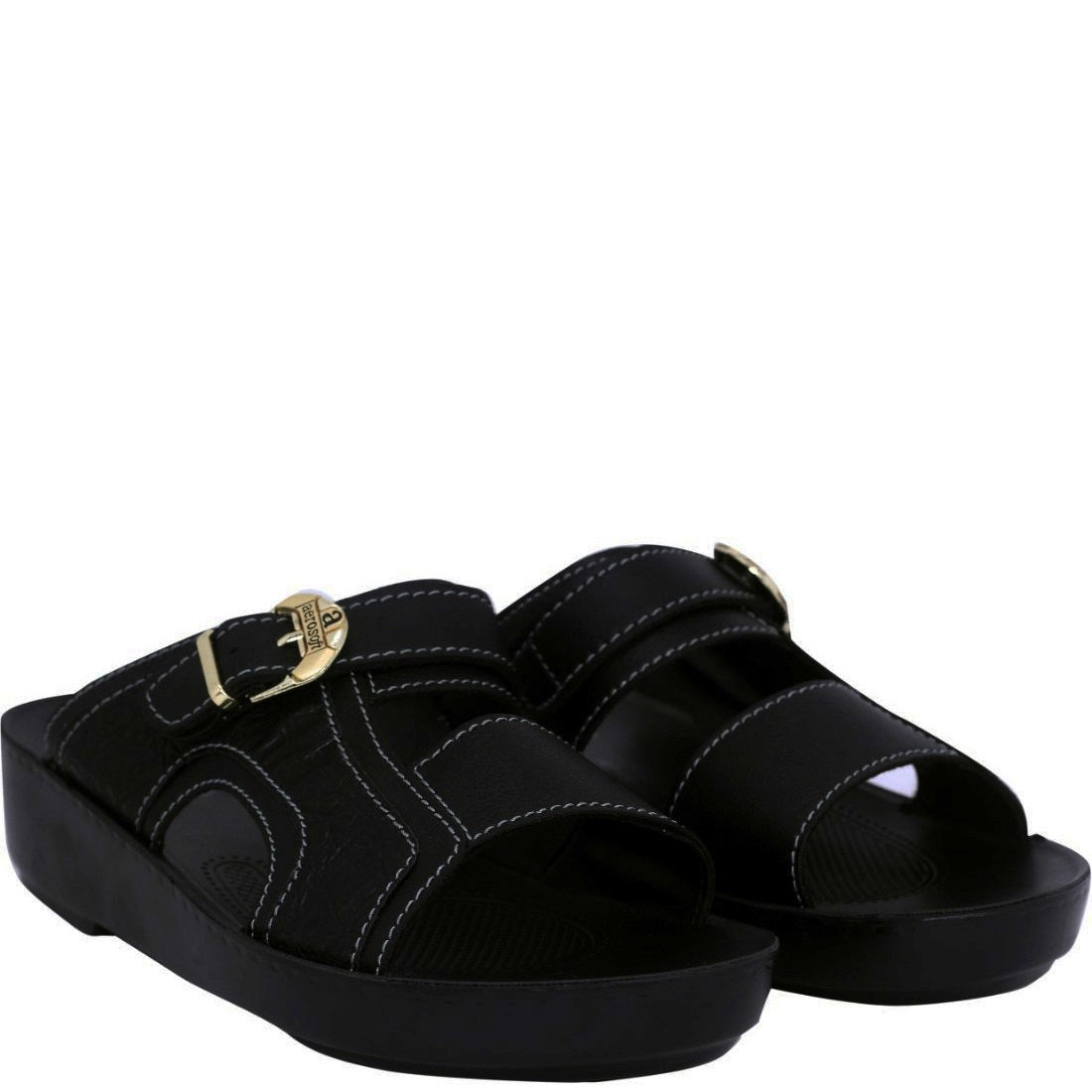 Aerosoft Men's Black Adjustable Buckle Slide Sandals (MA8338) - Luxurious Leather Sandals with Gold Accents and Arch Support