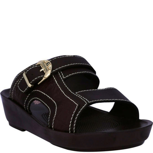 Aerosoft Men's Brown Adjustable Buckle Slide Sandals (MA8338) - Luxurious Leather Sandals with Gold Accents and Arch Support!