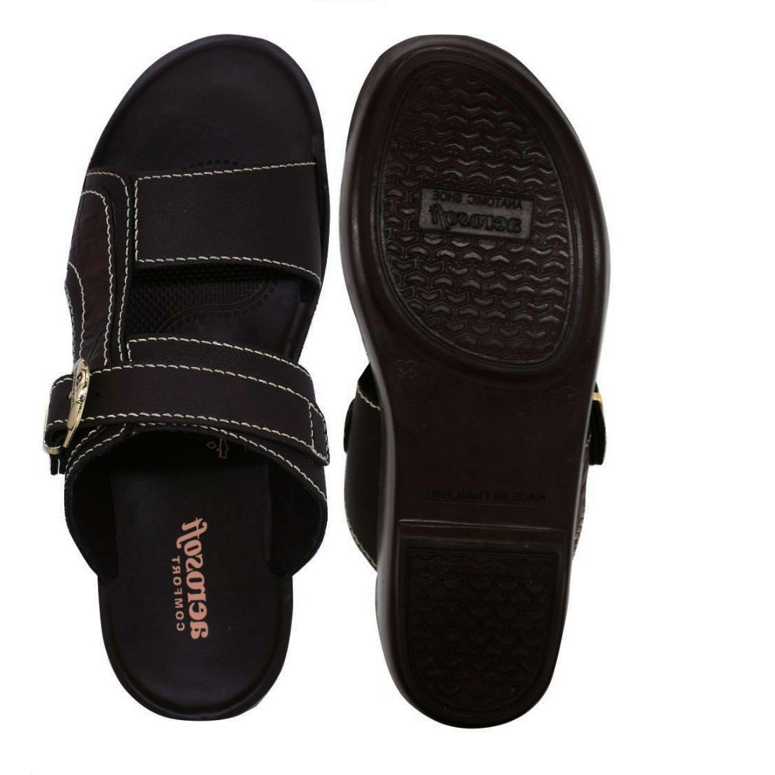 Aerosoft Men's Brown Adjustable Buckle Slide Sandals (MA8338) - Luxurious Leather Sandals with Gold Accents and Arch Support!