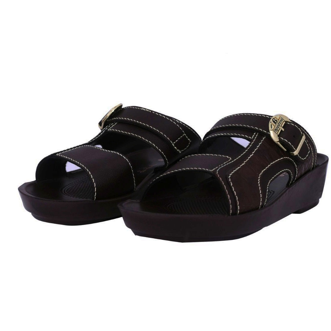Aerosoft Men's Brown Adjustable Buckle Slide Sandals (MA8338) - Luxurious Leather Sandals with Gold Accents and Arch Support!