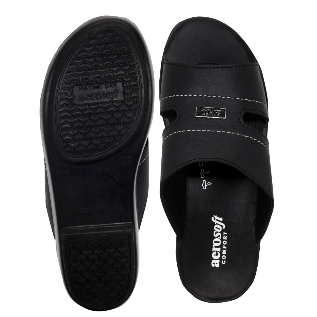 Aerosoft Men's Black Wide Strap Slide Sandals (MA8350) - Comfortable Slip-On Sandals with Arch Support and Breathable Design!