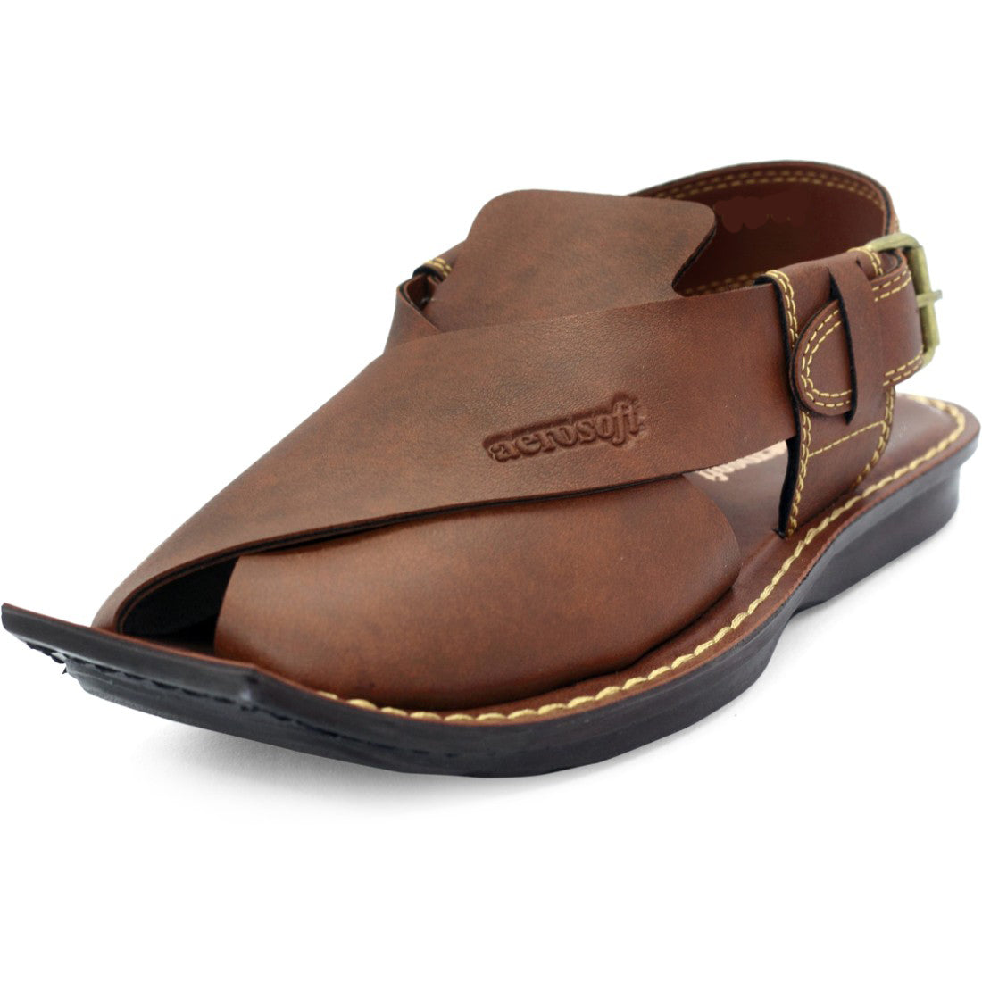 Aerosoft Men's Tan Cross-Strap Buckle Sandals (MA5001) - Traditional Peshawari Style with Modern Comfort!