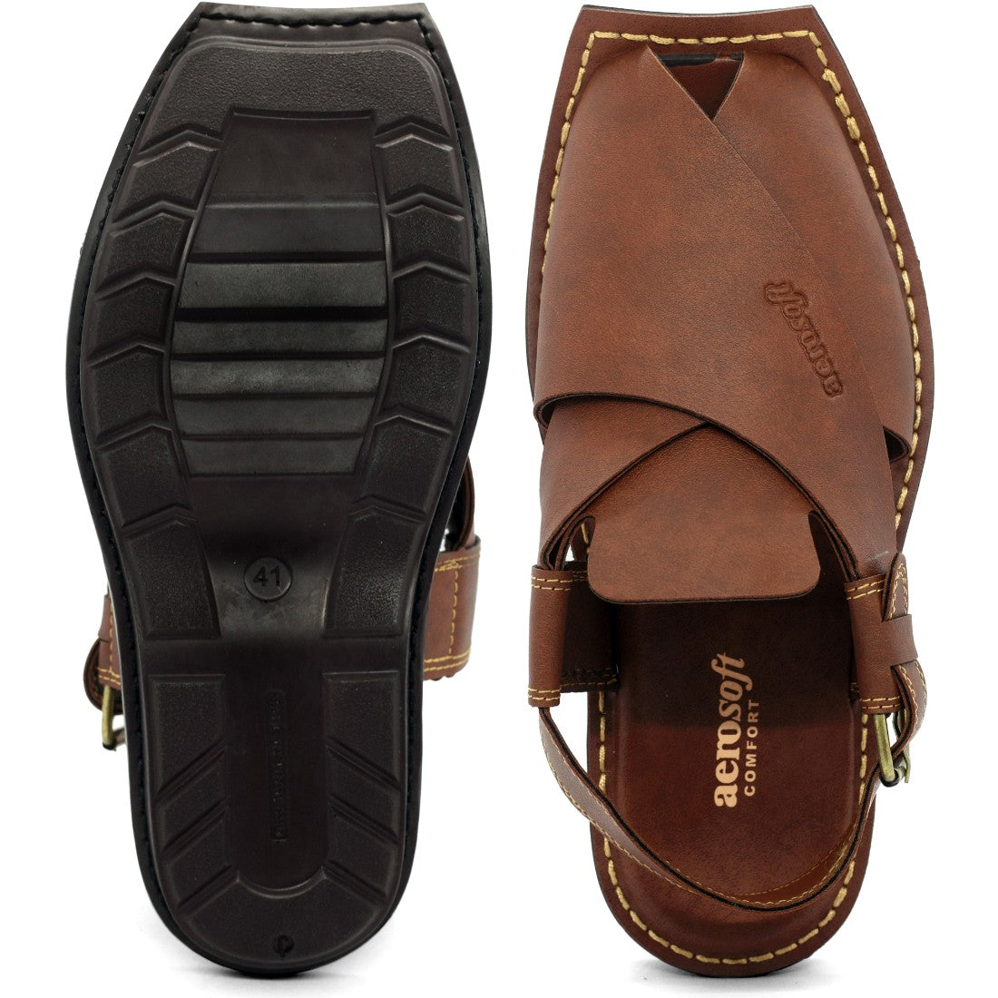 Aerosoft Men's Tan Cross-Strap Buckle Sandals (MA5001) - Traditional Peshawari Style with Modern Comfort!