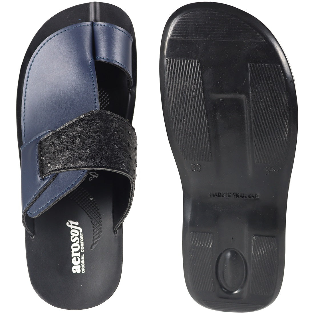 Aerosoft Men's Navy Ostrich Leather Thong Sandals (MA81A8) - Luxurious Leather Flip Flops with Arch Support and Breathable Insole!