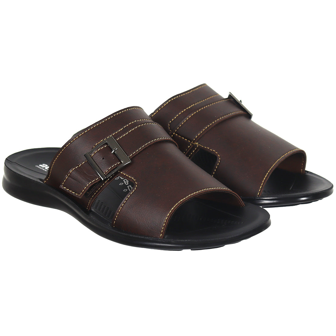 Aerosoft Men's SoftBrown Buckle Slide Sandals (MP0215) - Comfortable Leather Slides with Silver Buckle and Arch Support!