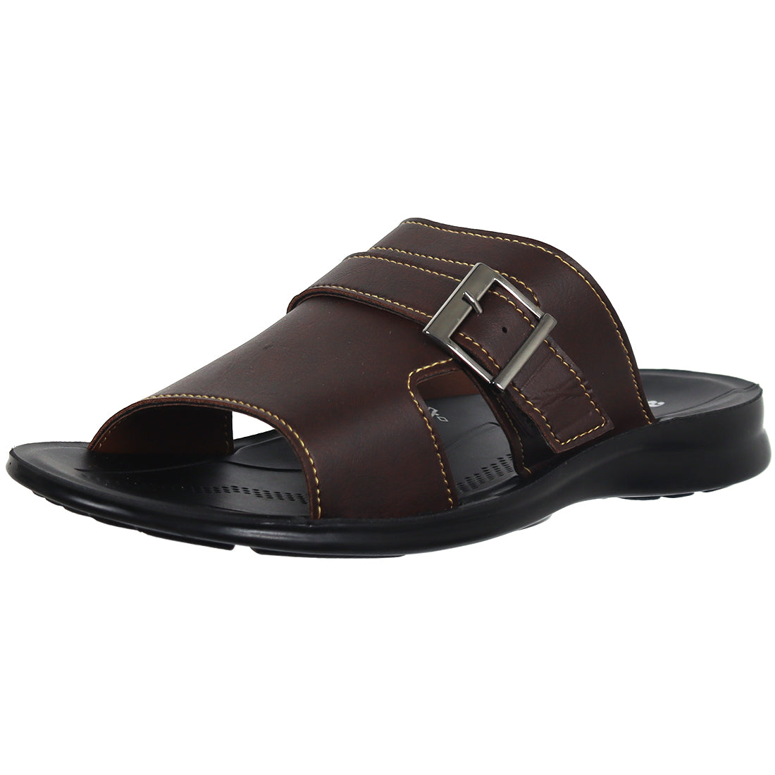 Aerosoft Men's SoftBrown Buckle Slide Sandals (MP0215) - Comfortable Leather Slides with Silver Buckle and Arch Support!