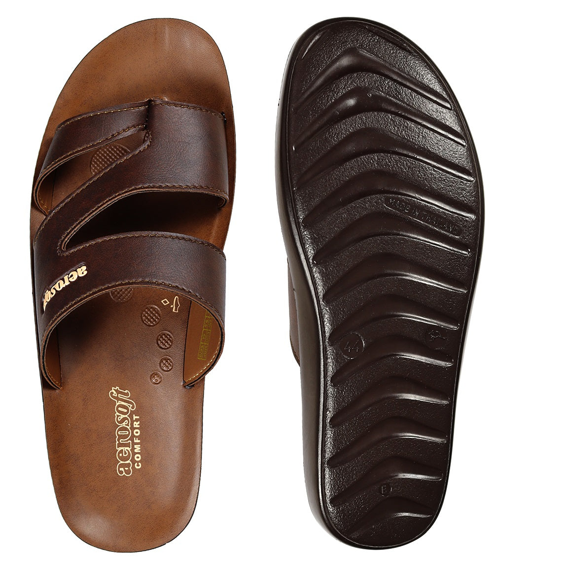 Aerosoft Men's Tan Double Strap Thong Sandals (MA9023) - Comfortable Leather Flip Flops with Breathable Insole and Arch Support!
