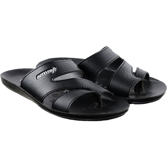Aerosoft Men's Black Double Strap Thong Sandals (MA9023) - Comfortable Leather Flip Flops with Breathable Insole and Arch Support!