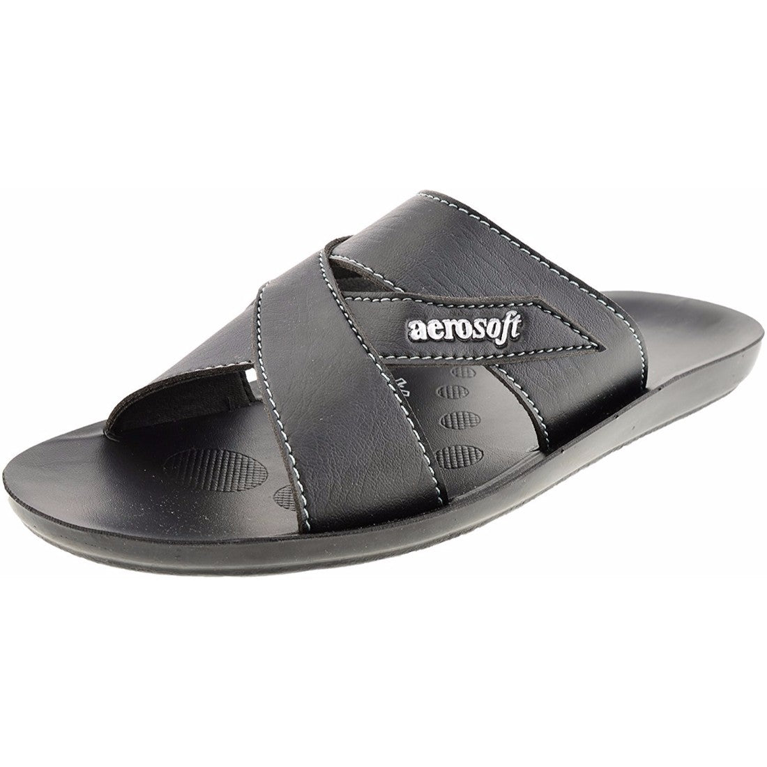 Aerosoft Men's Black Cross-Strap Slide Sandals (MA9033) - Comfortable Leather Slides with Breathable Insole and Arch Support!