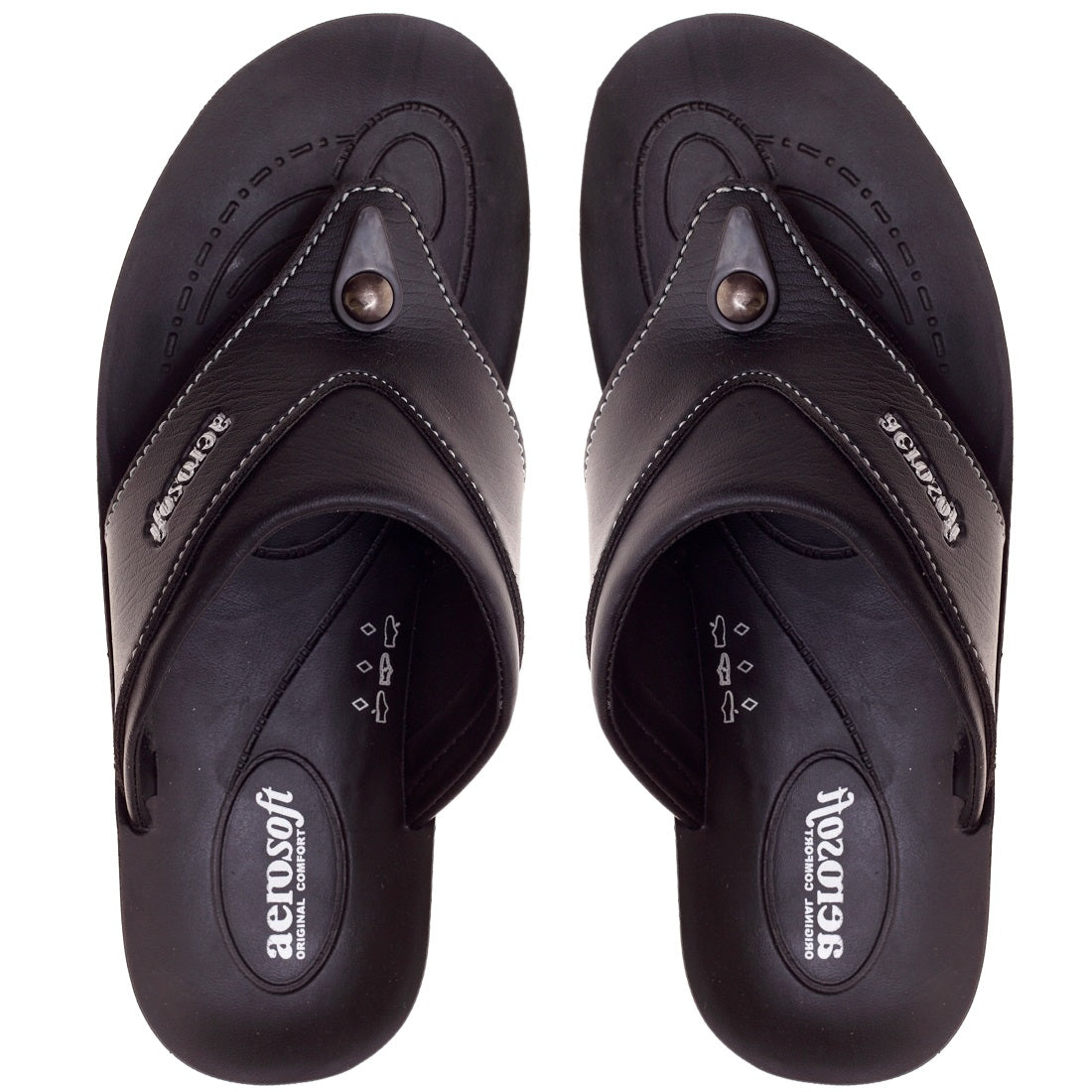 Aerosoft Men's Black V-Strap Thong Sandals (MA8707) - Comfortable Leather Flip Flops with Spiral Massage Sole and Arch Support!