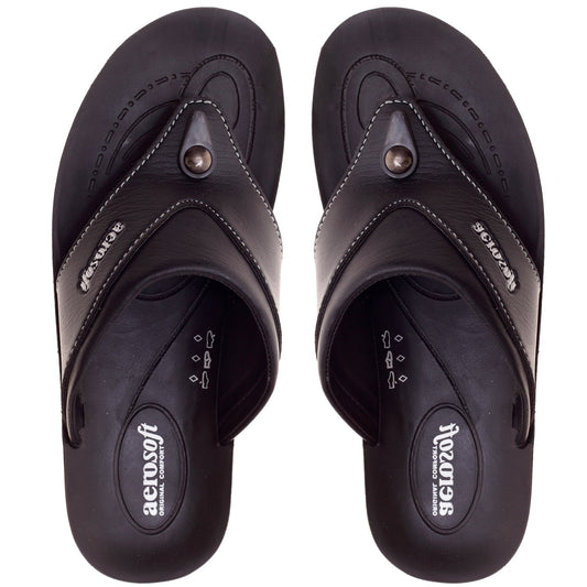 Aerosoft Men's Black V-Strap Thong Sandals (MA8707) - Comfortable Leather Flip Flops with Spiral Massage Sole and Arch Support!