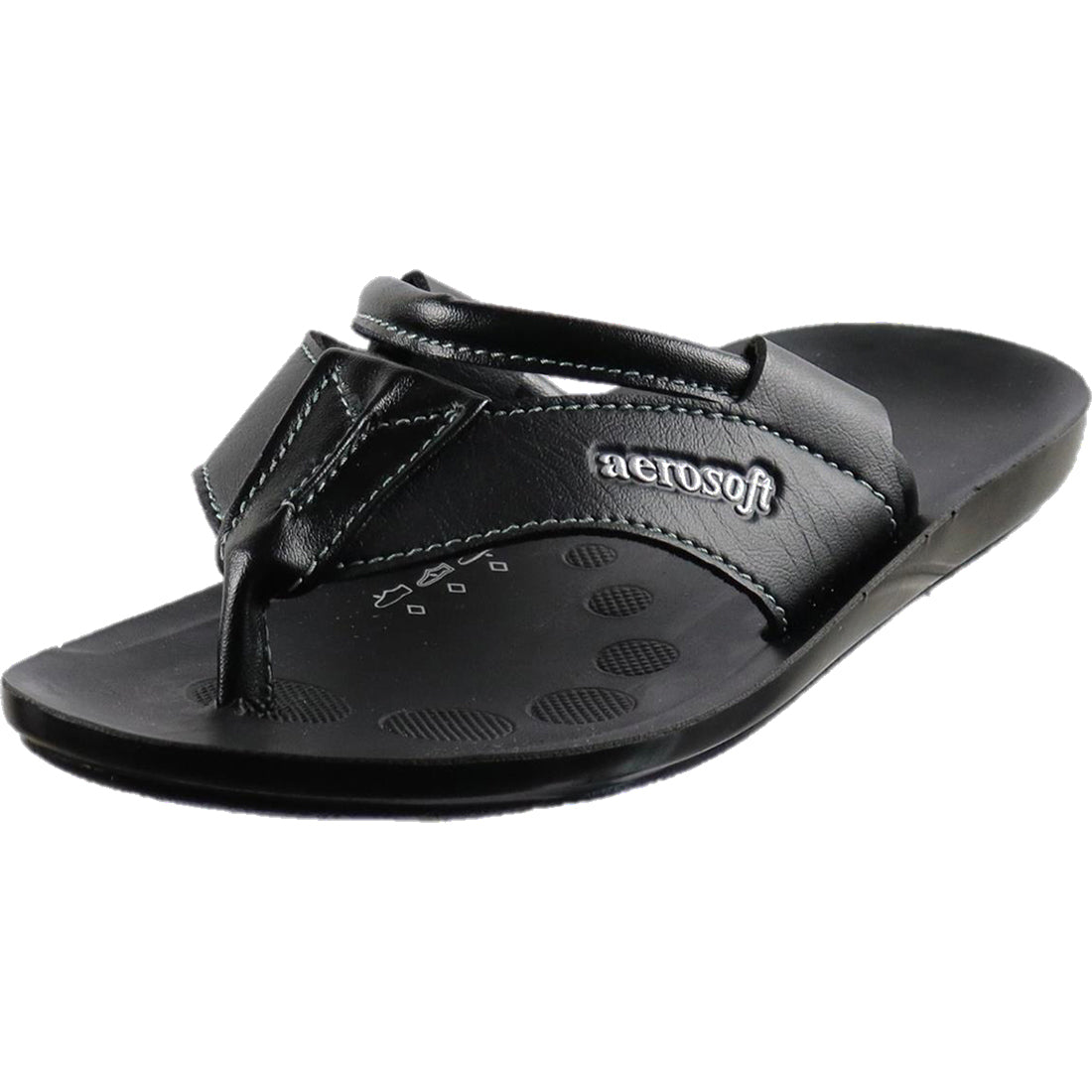 Aerosoft Men's Black V-Strap Thong Sandals (MA9042) - Comfortable Leather Flip Flops with White Stitching and Arch Support