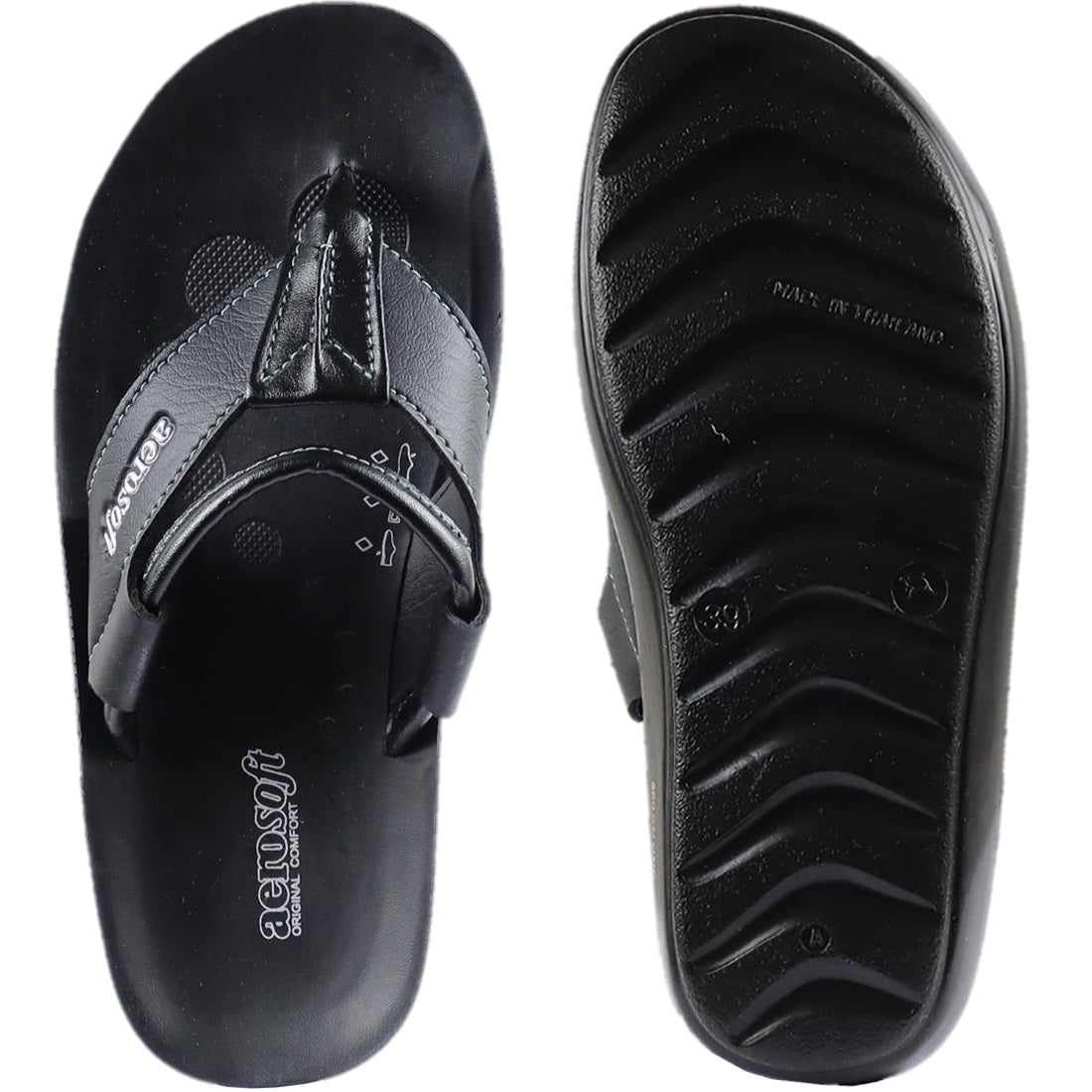 Aerosoft Men's Black V-Strap Thong Sandals (MA9042) - Comfortable Leather Flip Flops with White Stitching and Arch Support