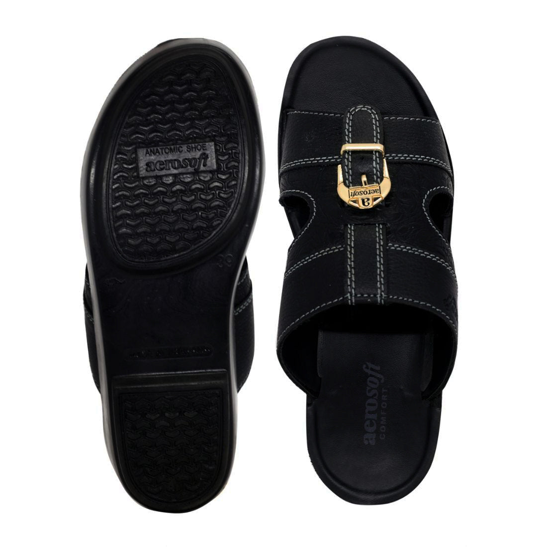 Aerosoft Men's Black Multi-Strap Buckle Sandals (MA8343) - Comfortable Leather Sandals with Gold Buckle and Arch Support!