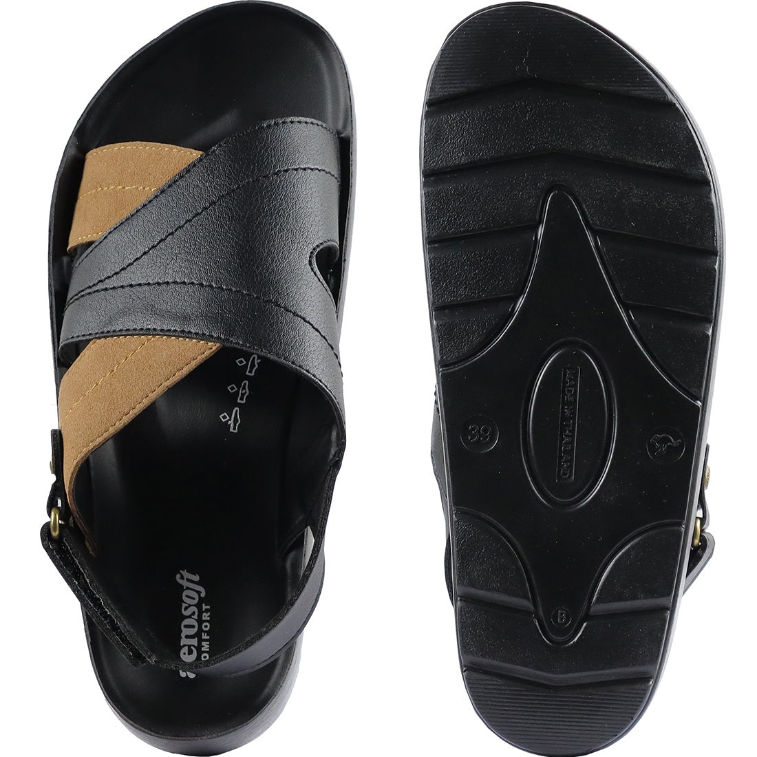 Aerosoft Men's Black-Tan Strappy Buckle Sandals (MA4413) - Adjustable Cross-Strap Slides for Effortless Comfort