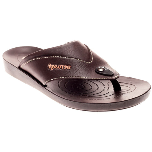 Aerosoft Men's Brown V-Strap Thong Sandals (MA8707) - Comfortable Leather Flip Flops with Spiral Massage Sole and Arch Support!