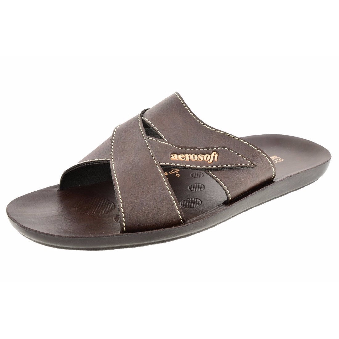 Aerosoft Men's Brown Cross-Strap Slide Sandals (MA9033) - Comfortable Leather Slides with Breathable Insole and Arch Support!
