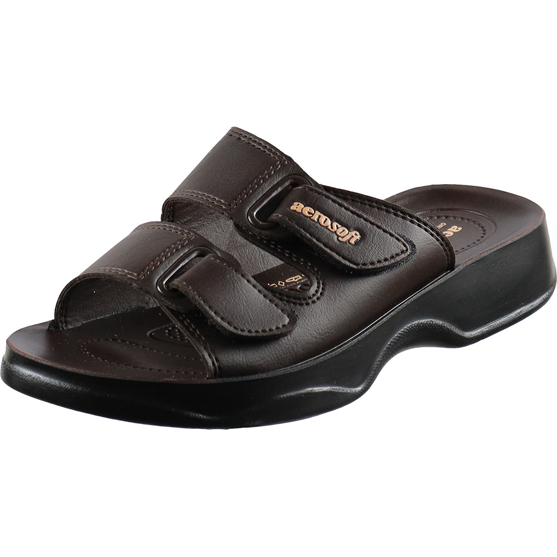 Aerosoft Men's Brown Double Velcro Strap Sandals (MA4811) - Adjustable Orthopedic Slides for Ultimate Comfort