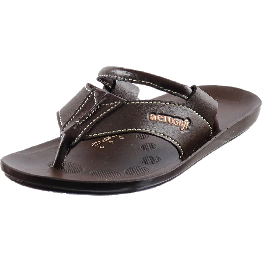 Aerosoft Men's Brown V-Strap Thong Sandals (MA9042) - Comfortable Leather Flip Flops with White Stitching and Arch Support!