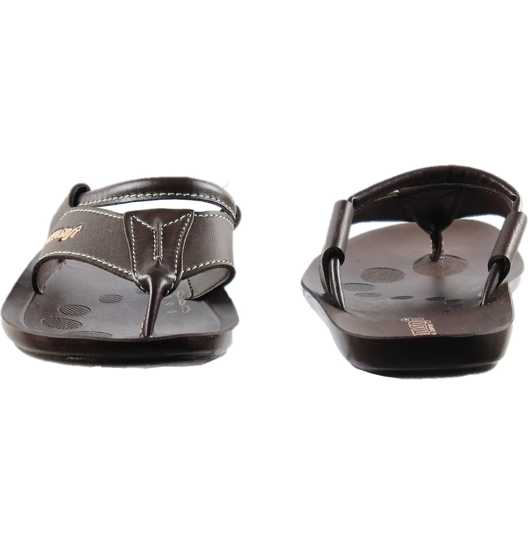 Aerosoft Men's Brown V-Strap Thong Sandals (MA9042) - Comfortable Leather Flip Flops with White Stitching and Arch Support!